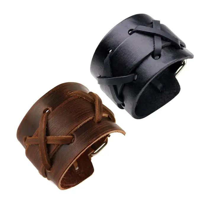 Bracelet rétro en cuir tissé à la main pour hommes, large bande pour moto, accessoires de bijoux per