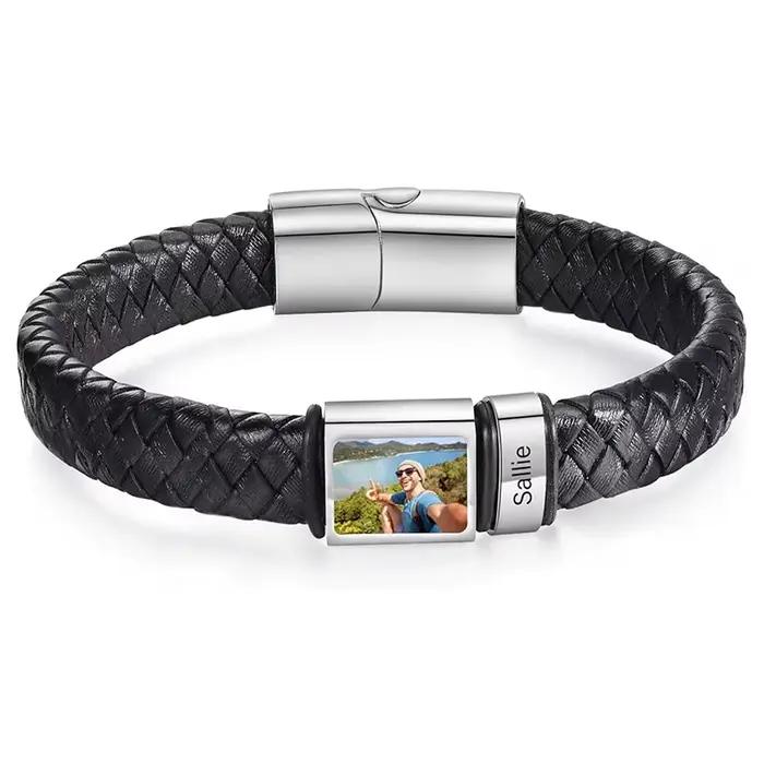 Bracelet photo personnalisé pour hommes Bracelet photo personnalisé en cuir nom gravé Bracelet bijou