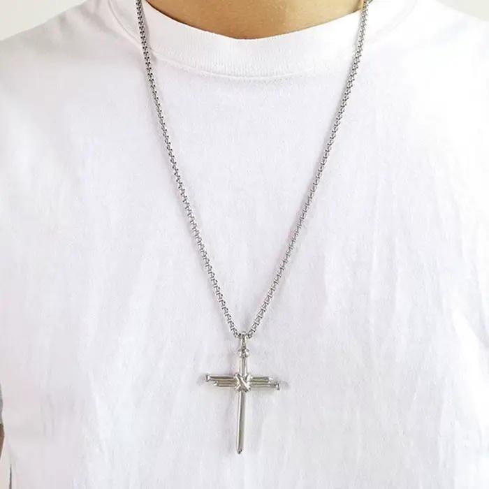 Collier pendentif croix à ongles pour hommes, Style Hip Hop Punk, couleur argent, chaîne en acier inoxydable, bijoux de fête de baptême d'église chrétienne