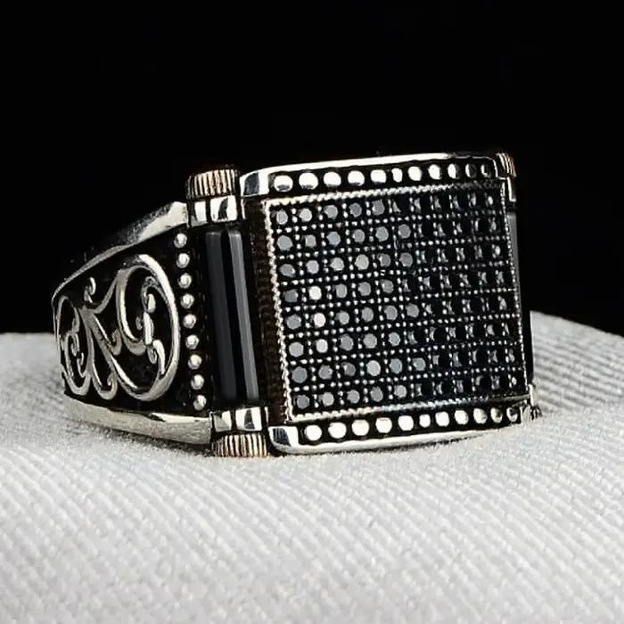 Bague rétro en pierre de marcassite noire de haute qualité pour hommes et femmes