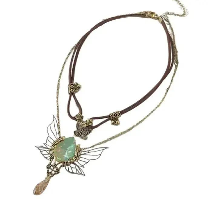 Collier Vintage ailes en strass, pendentif en cristal, Double couche, papillon empilable, ras du cou