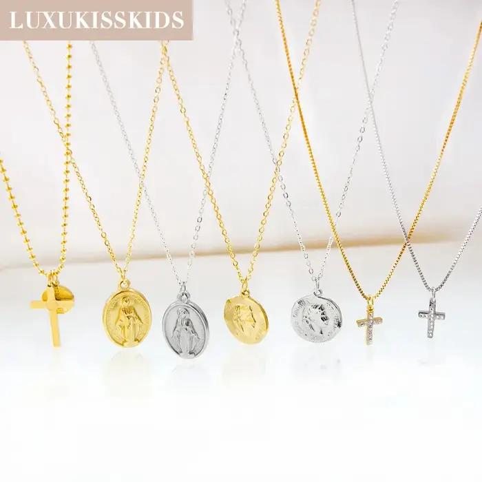 LUXUKISSKIDS acier inoxydable chapelet croix pendentif colliers christianisme bijoux économiseur Collier pour femme/homme couleur plaquée or