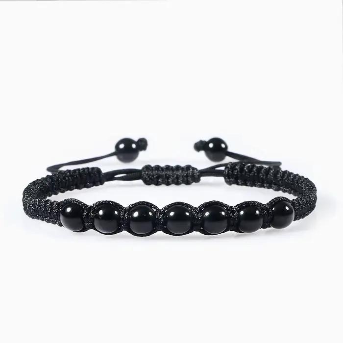 Bracelet noir en pierre naturelle Onyx pour hommes, perles de lave tressées, chaîne en corde réglabl