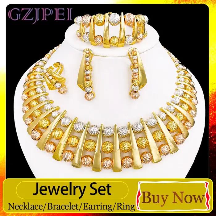 Ensemble de bijoux de luxe GZJPEI en plaqué or 18 carats pour femmes, style italien, pour mariage et fiançailles, collier/boucles d'oreilles/bague/bracelet