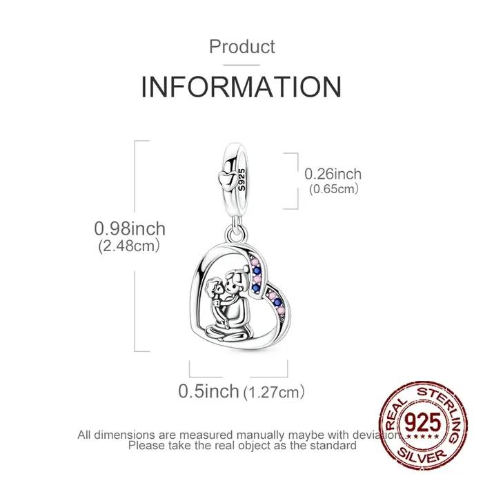 Breloque Cœur Mère et Enfant en Argent Sterling 925 avec Pierres CZ Roses et Bleues