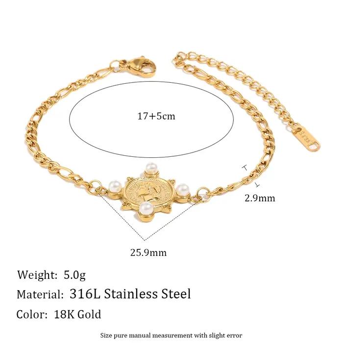 Bracelet E.B.belle Figaro avec pièce de monnaie et perles imitation, plaqué or, résistant au terniss
