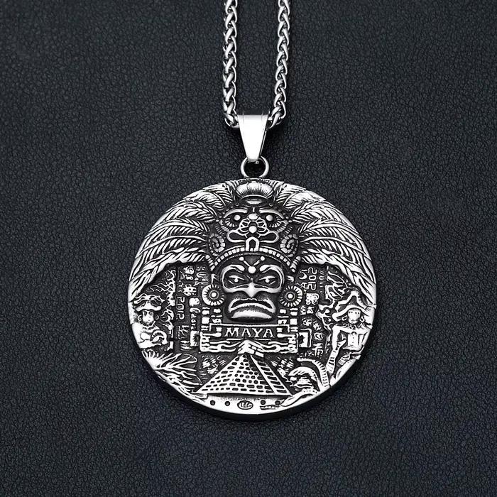 Collier rétro en acier inoxydable avec motif tribal maya et calendrier aztèque pour homme et femme occasions spéciales anniversaire mariage et fêtes