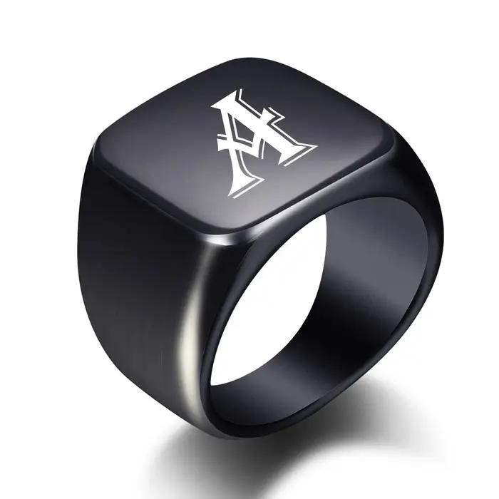 Bague initiale personnalisée pour hommes, graver l'alphabet blanc A à Z, chevalière en acier inoxyda