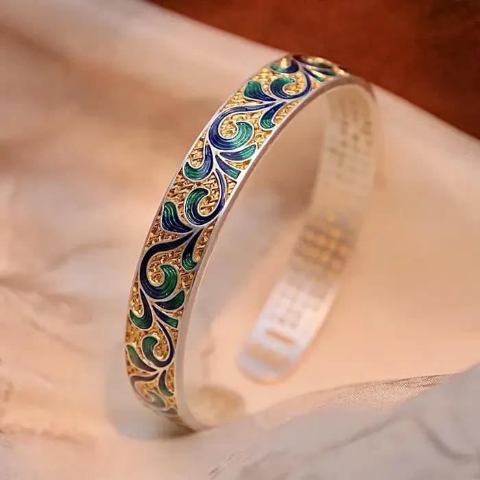925 argent antique or artisanat évidé émail rouleau herbe motif bracelet gravé coeur sutra bracelets bijoux cadeau
