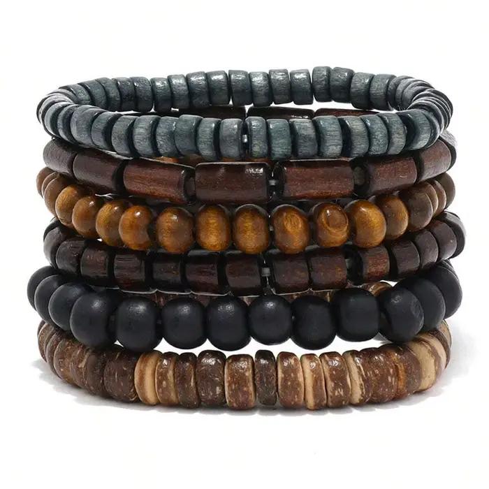 Wodeen – Bracelet tressé en cuir pour hommes, 6 pièces, Vintage, perles en bois, à la mode