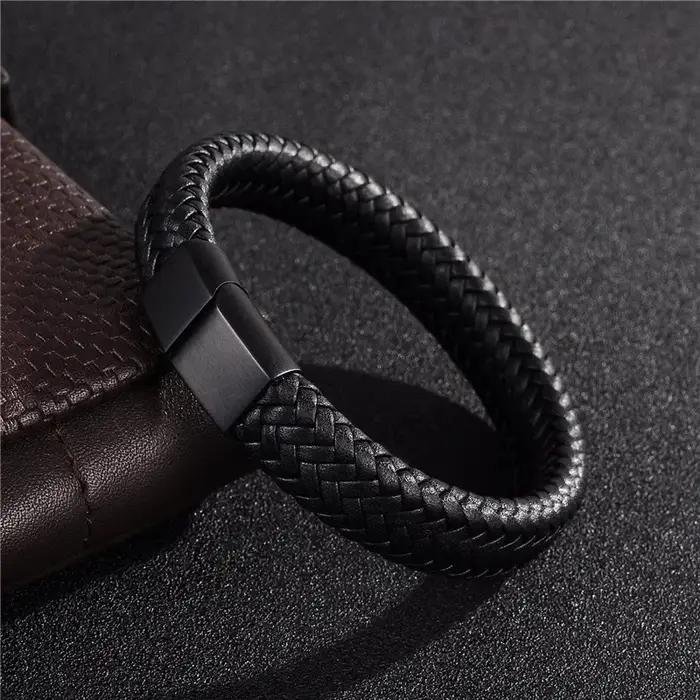 Bracelet magnétique noir pour homme en cuir tressé
