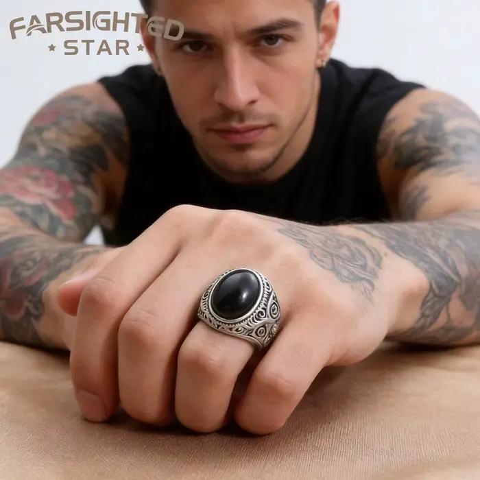 Bagues Rétro en Turquoise pour Hommes en Acier Titane Incrusté d'Agate – Vente en Gros de Bagues Dominantes en Pierre Naturelle