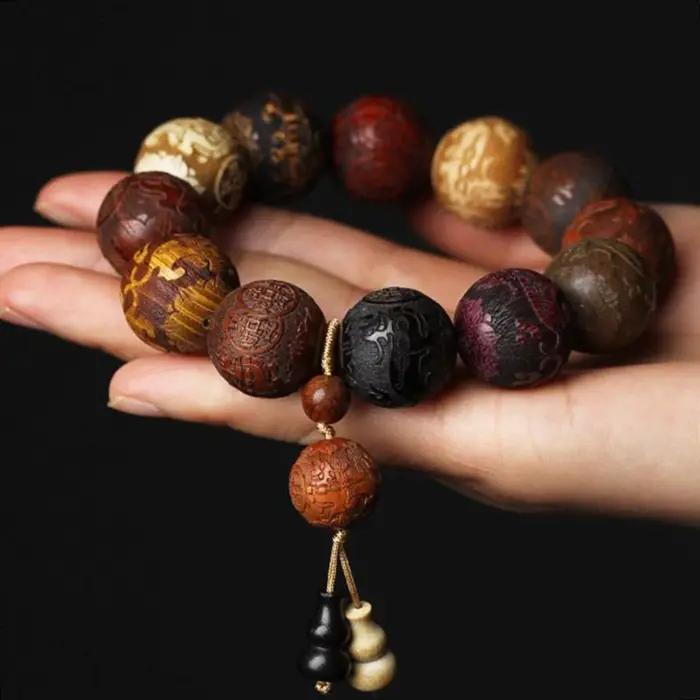 DCARZZ Bracelet de perles sculptées en bois fait à la main avec pendentif en forme de gourde pour hommes femmes bijoux cadeau