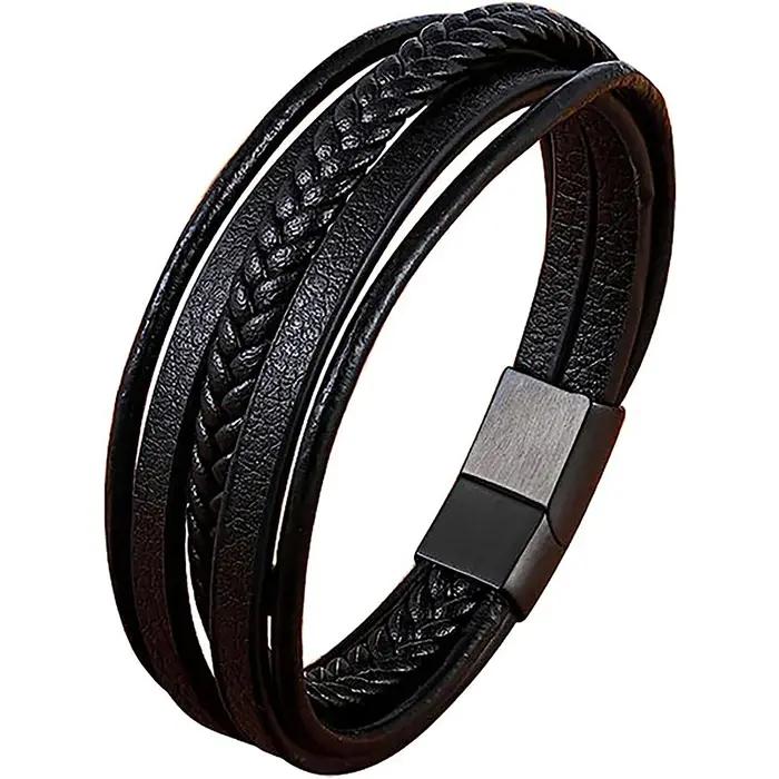 Bracelet symétrique noir à cinq couches en cuir pour homme avec charme en alliage de zinc pour occasions spéciales et style élégant