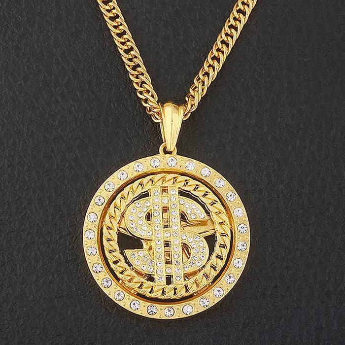 Grand Collier Pendentif Signe d'Argent en Dollar Américain Rotatif pour Homme