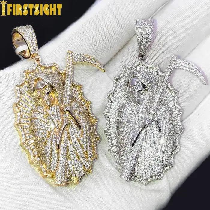 Nouveau Collier Pendentif Grim Reaper Effet Glacé Or Bling CZ Le Roi des Terrors Charme Hommes Femmes Bijoux Hip Hop