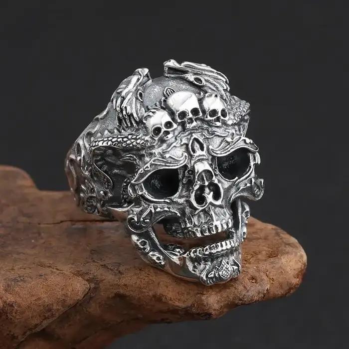 Bague Crâne Dominante Exagérée en Argent Thaïlandais Rétro, Style Punk Rock, Accessoires de Fête pour Motards, Excellents Cadeaux pour Amis Hommes
