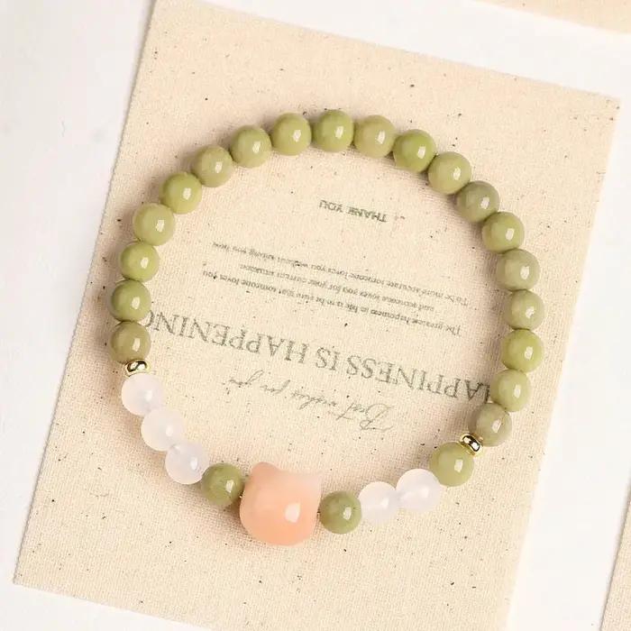 Bracelet porte-bonheur en bois de santal vert naturel et agate d'Alashan