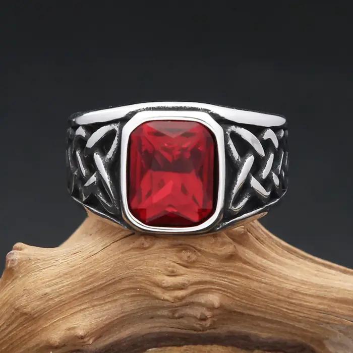 Punk Vintage carré rouge pierre chevalière anneaux pour hommes femmes en acier inoxydable nordique Vikings noeud Rune anneau mode bijoux en gros