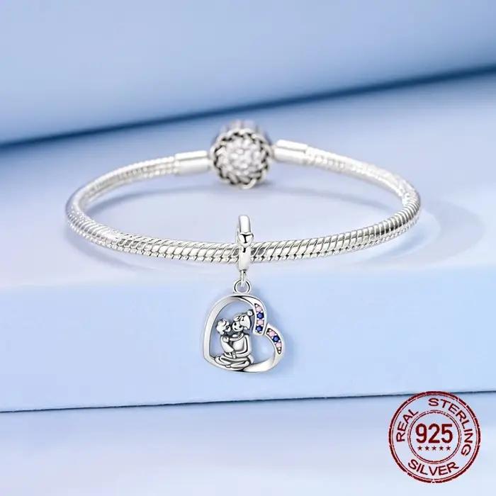 Breloque Cœur Mère et Enfant en Argent Sterling 925 avec Pierres CZ Roses et Bleues