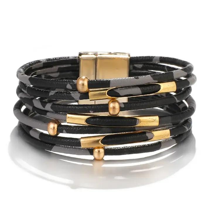 ALLYES Vintage Tube en métal léopard Bracelet en cuir pour femmes hommes Boho multicouche Wrap large