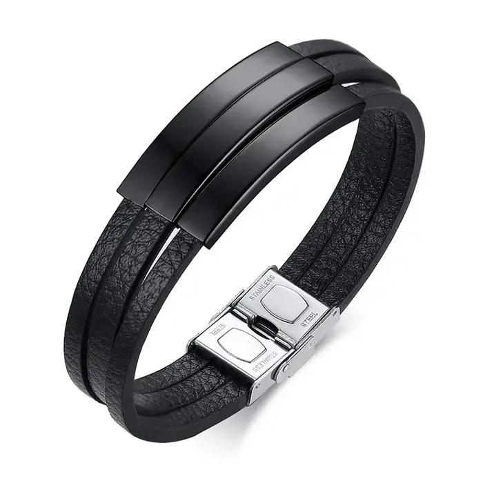 Bracelet en Cuir Noir Personnalisé avec Étiquette d'Identification