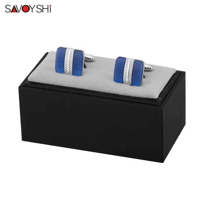 SAVOYSHI-lèvent de manchette de luxe en opale bleue pour hommes, boutons de manchette en pierre trempée, logo personnalisé, cadeau spécial, bijoux de marque, haute qualité
