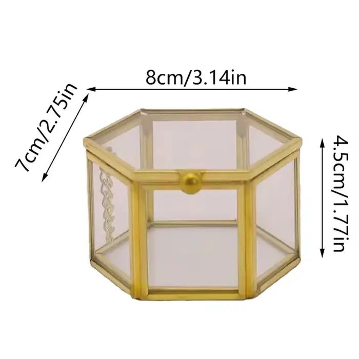 Boîte à bijoux hexagonale en verre doré pour rangement et décoration de bijoux élégants et rétro pour femmes occasions spéciales et quotidienne