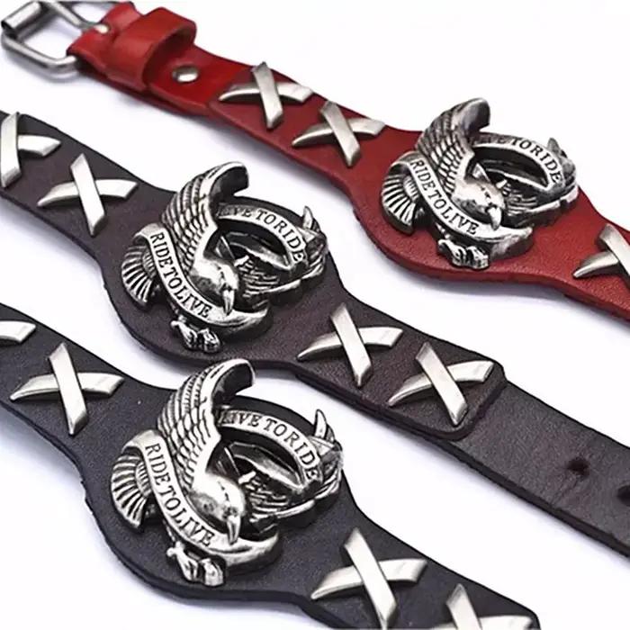 Punk en cuir véritable Ride to live aigle Bracelets hommes rétro Rock large manchette bracelet femme motard bijoux mâle moto cadeaux