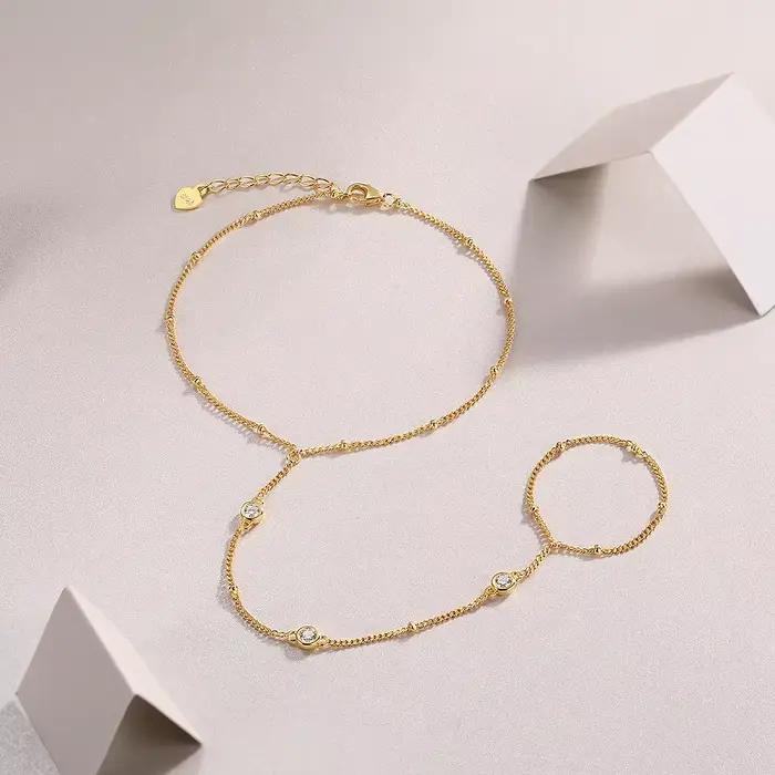 Bracelet Chaîne de Main en Argent Sterling S925 Plaqué Or avec Moissanite JIUZUAN