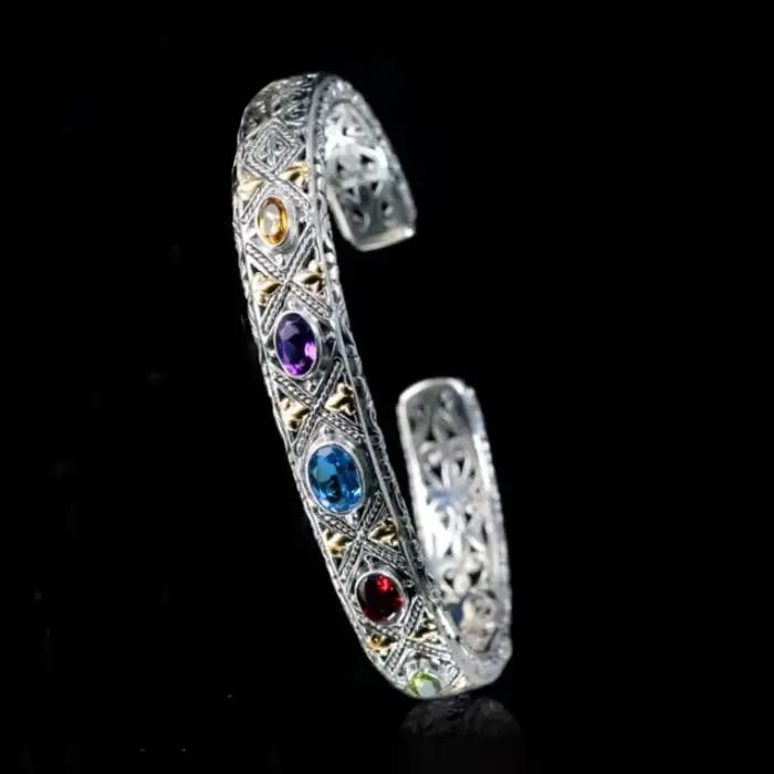 Bracelet de luxe en argent 925 incrusté de pierres précieuses colorées