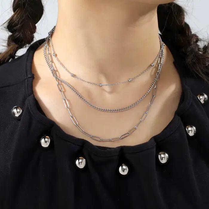 Collier à trois couches en acier inoxydable pour hommes et femmes, hip hop, collier cubain, tour de cou en perles simples, bijoux pour cadeau de fête