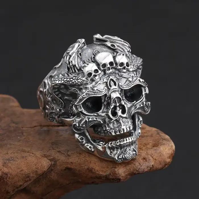Bague Crâne Dominante Exagérée en Argent Thaïlandais Rétro, Style Punk Rock, Accessoires de Fête pou