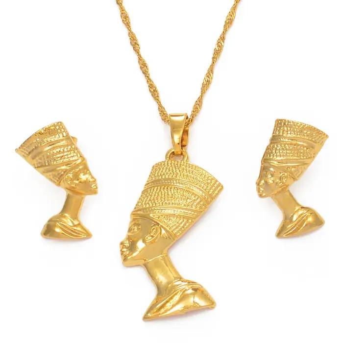 Anniyo reine égyptienne Nefertiti pendentif collier boucles d'oreilles ensembles bijoux plaqué or bi