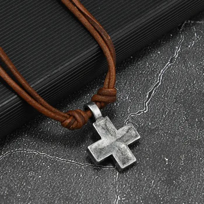 Collier croix en cuir fabriqué à la main en alliage pour hommes, pendentif en cuir tissé de Style Si