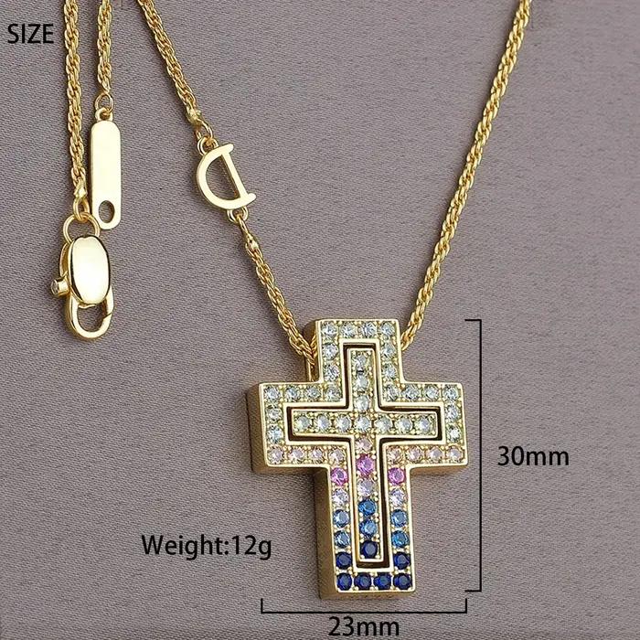 Collier double croix noble pour femme avec zirconiums arc-en-ciel