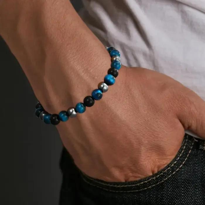 Bracelet homme triple protection pierres semi-précieuses obsidienne noire hematite œil de tigre cadeau anniversaire spécial occasions spéciales
