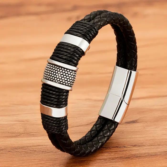 XQNI Double couche tressé corde Wrap Bracelets en cuir pour hommes charme bleu noir classique en acier inoxydable bracelet Couple bijoux