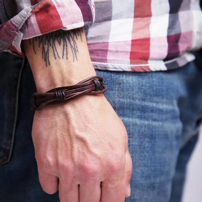 Bracelet tressé en cuir véritable pour hommes