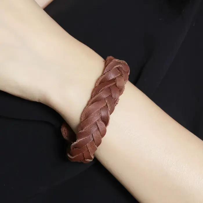 Bracelet Vintage en cuir véritable tressé pour hommes et femmes, bracelet large style punk, chaîne en corde marron, accessoires de bijoux