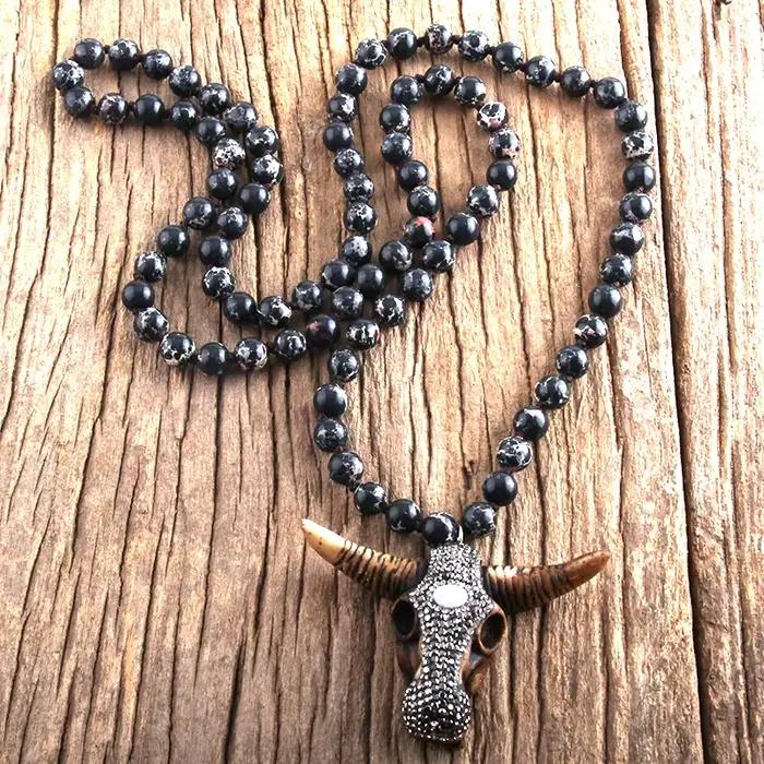 RH Fashion – collier avec pendentif en forme de tête de taureau, bijoux style Boho, Long et noué en pierres, livraison directe