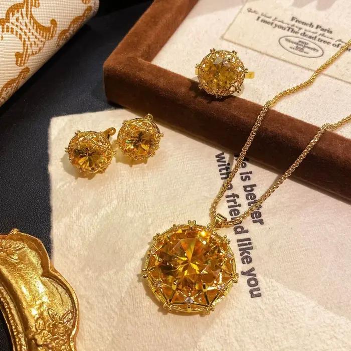 Ensemble de bijoux en argent sterling 925, luxe léger, serti de citrine 10 carats, bague, pendentif et boucles d'oreilles, diamants colorés