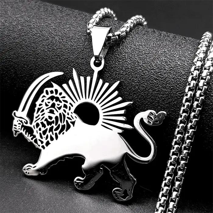 Collier Shamshir Lion de Perse en acier inoxydable pour homme et femme avec pendentif épée islamique iranienne pour occasions spéciales et cadeaux