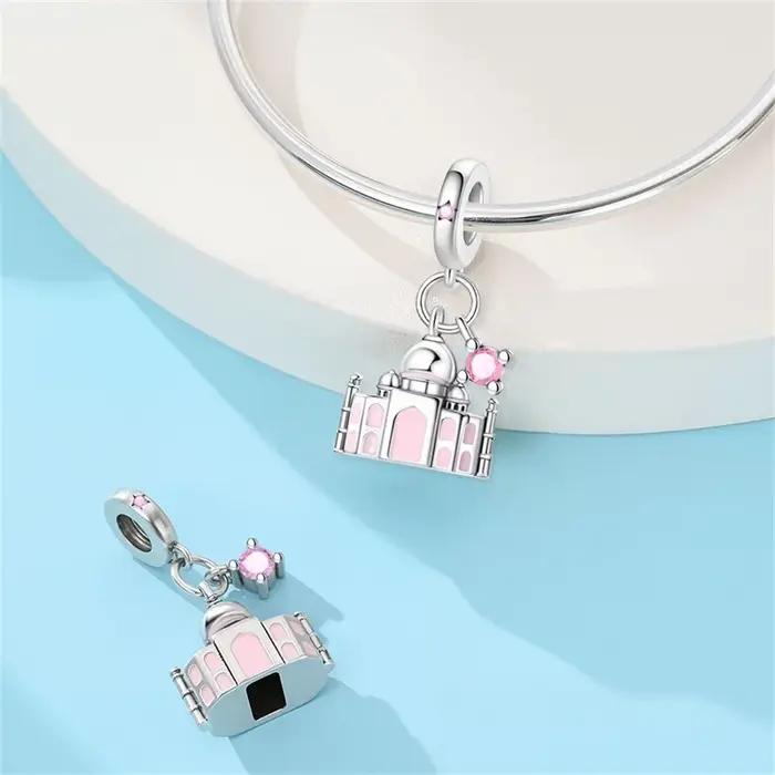 Pendentif Breloque en Argent Sterling 925 Motif Architecture Taj Mahal Inde Compatible Bracelet Collier Bijou DIY Femme Souvenir Voyage Occasionnels
