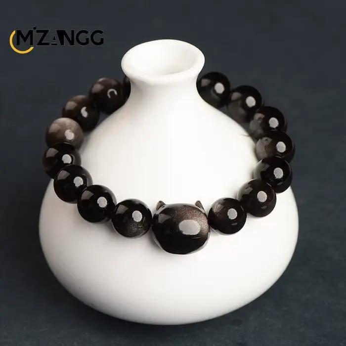 Bracelet en obsidienne naturelle pour hommes et femmes, or et argent, chat d'obsidienne, cordes de perles PiXiu, bijoux de luxe sculptés à la main, amulette porte-bonheur