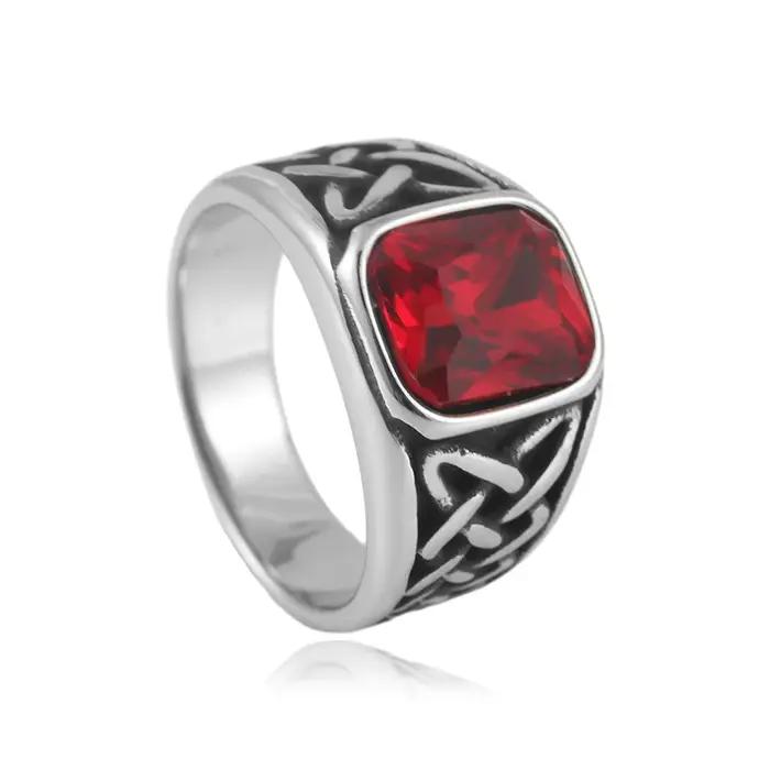 Punk Vintage carré rouge pierre chevalière anneaux pour hommes femmes en acier inoxydable nordique Vikings noeud Rune anneau mode bijoux en gros