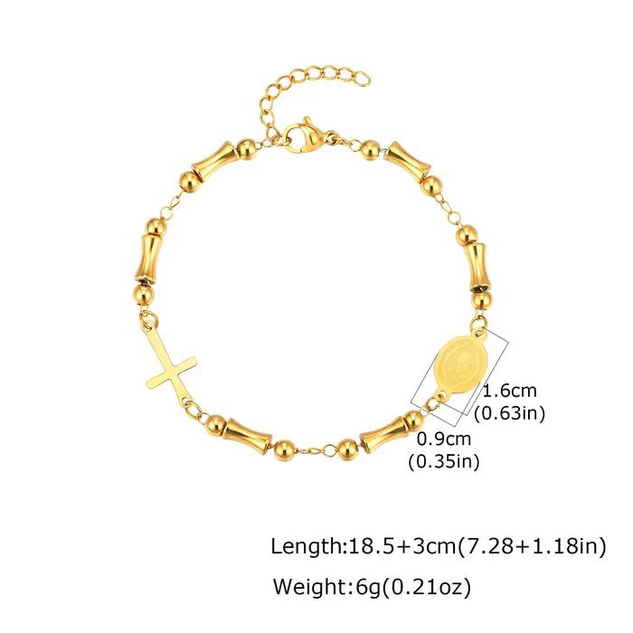 Bracelet chapelet Saint Benoît en perles de bambou, croix en acier inoxydable plaqué or 18 carats, r