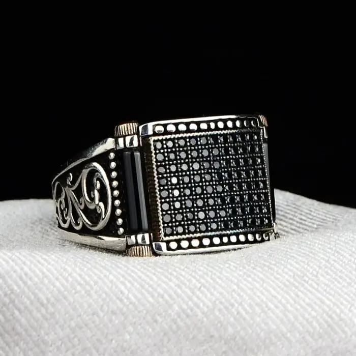 Bague rétro en pierre de marcassite noire de haute qualité pour hommes et femmes