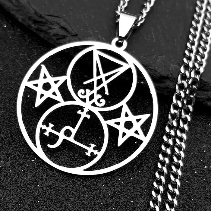 Collier d'église en acier inoxydable Lilith Pentacle Sigil of Lucifer, Satan Demon Hollow Pentagram,