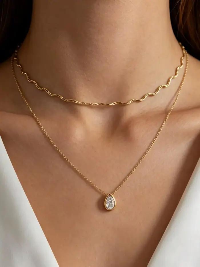 Collier double couche goutte d'eau en zircon, élégant, pour femme, en acier inoxydable plaqué or 18